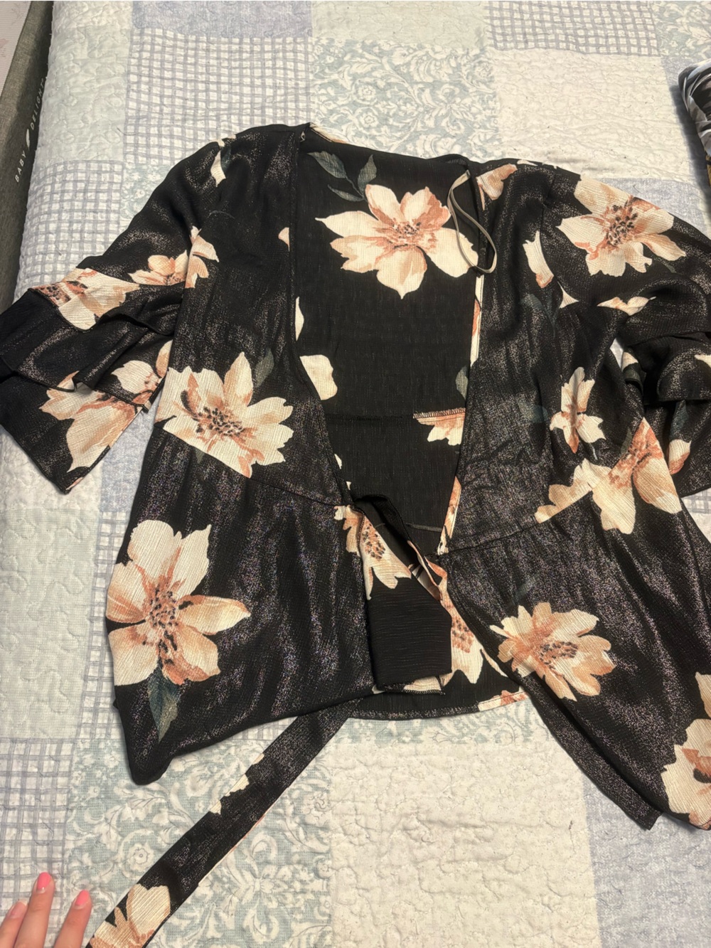 Black Floral Wrap Blouse